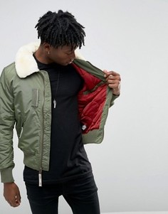 Зеленый бомбер слим с воротником из цигейки Alpha Industries - Зеленый