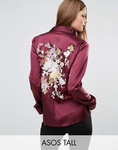 Атласная блузка в пижамном стиле с цветочной вышивкой на спине ASOS TALL - Мульти