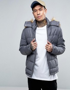 Серая стеганая куртка с меховой отделкой на капюшоне ASOS - Серый