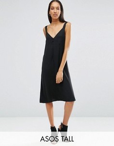 Атласное платье-комбинация с глубоким вырезом ASOS TALL - Черный