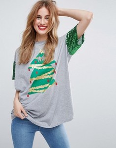 Футболка с пайетками на рукавах и принтом рождественской елки ASOS CHRISTMAS - Серый