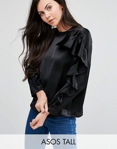 Атласный трикотажный топ с рюшами ASOS TALL - Черный