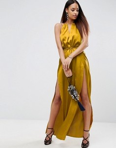 Платье макси с разрезом сбоку и вырезом капелькой ASOS - Золотой
