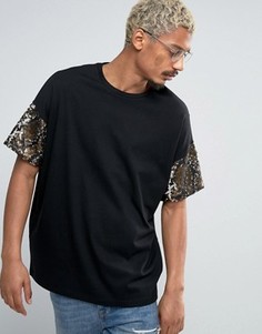 Oversize-футболка из плотного трикотажа с пайетками на рукавах ASOS - Черный