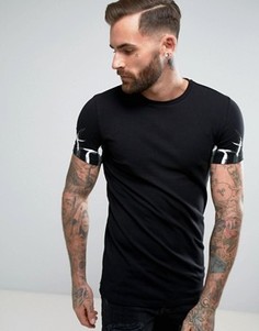 Длинная обтягивающая футболка с мазками кисти на рукавах и кромке ASOS - Черный