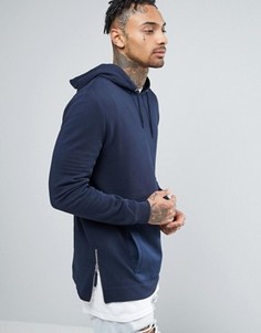 Длинное худи с тканым карманом и молниями ASOS - Темно-синий