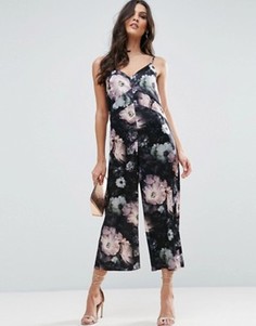 Атласный комбинезон с темным цветочным принтом ASOS - Мульти
