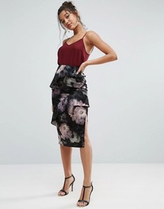 Атласная юбка с цветочным принтом и асимметричными рюшами ASOS - Мульти