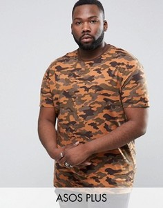 Длинная футболка с выцветшим камуфляжным принтом ASOS PLUS - Зеленый
