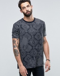 Длинная потертая футболка с принтом ASOS - Черный