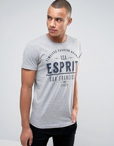 Серая меланжевая футболка узкого кроя с круглым вырезом и принтом Esprit - Серый