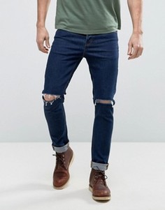 Темно-синие рваные джинсы скинни из денима плотностью 12,5 унц ASOS - Синий