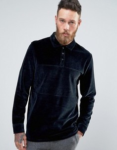 Темно-синяя велюровая футболка-поло с длинными рукавами ASOS - Темно-синий