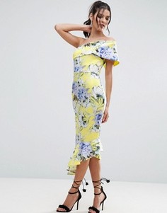 Платье миди на одно плечо с цветочным принтом и воланом по низу ASOS - Желтый