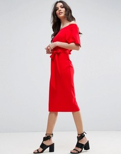Платье миди с открытыми плечами и завязкой ASOS - Красный