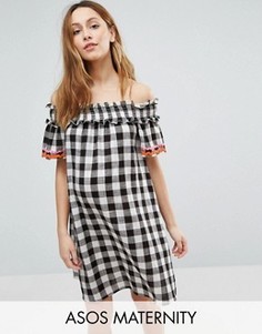 Платье в клеточку с открытыми плечами и сборками ASOS Maternity - Мульти