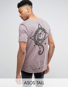 Длинная футболка с принтом на спине и рваной отделкой ASOS TALL - Красный