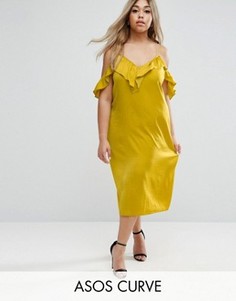 Атласное платье миди с оборкой и открытыми плечами ASOS - Зеленый