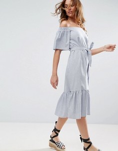 Хлопковое платье миди в полоску с открытыми плечами ASOS - Мульти