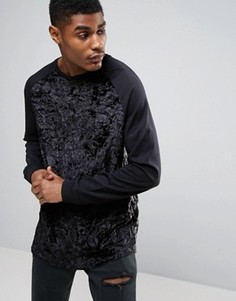 Лонгслив из мятого велюра в стиле oversize с контрастными рукавами и закругленным краем ASOS - Черный