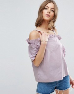 Хлопковый топ с открытыми плечами и оборками ASOS - Зеленый