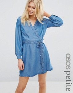 Платье мини с запахом из мягкого выбеленного денима ASOS PETITE - Синий