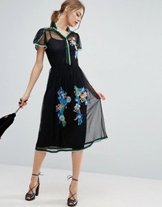 Сетчатое платье в горошек с вышивкой и отделкой пайетками ASOS PREMIUM - Черный
