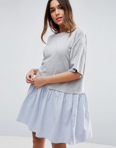Свободное платье-футболка с тканым присборенным подолом ASOS - Серый
