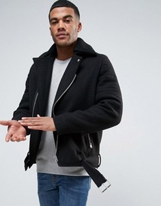Черная полушерстяная байкерская куртка с меховым воротником ASOS - Черный
