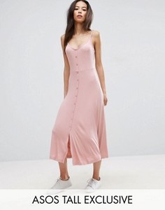 Приталенное платье миди в рубчик на пуговицах с чашечками ASOS TALL - Розовый