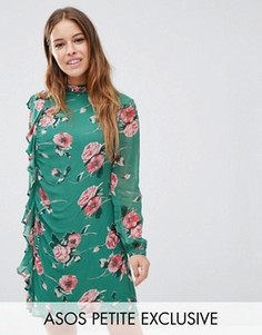 Цельнокройное платье мини с рюшами и цветочным принтом ASOS PETITE - Зеленый