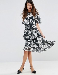 Чайное платье миди с черно-белым цветочным принтом ASOS - Мульти