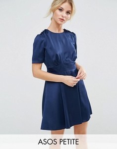 Атласное чайное платье с короткими рукавами и пуговицами ASOS PETITE - Темно-синий