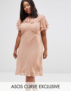 Чайное платье миди с рюшами ASOS CURVE - Розовый