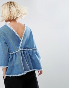 Джинсовый присборенный топ в винтажном стиле с запахом сзади ASOS - Синий