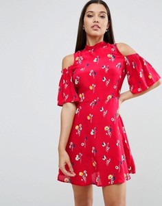 Красное платье мини с цветочным принтом и вырезами на плечах ASOS - Мульти