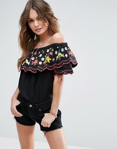 Хлопковый топ с открытыми плечами и цветочной вышивкой ASOS - Черный