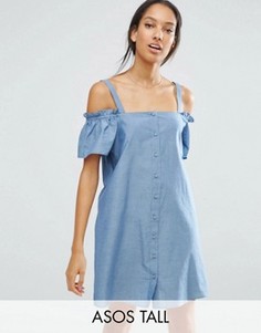 Сарафан на пуговицах из ткани шамбре с вырезами на плечах ASOS TALL - Синий