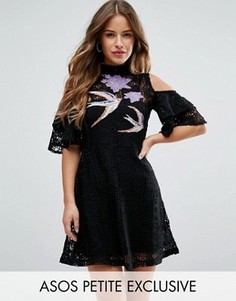 Кружевное приталенное платье с вышивкой птиц ASOS PETITE - Черный