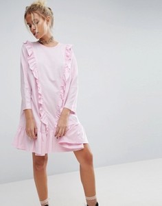 Хлопковое платье с присборенной юбкой и оборками ASOS - Розовый