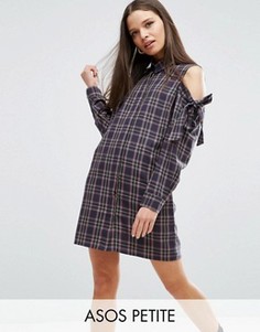 Клетчатое платье-рубашка с открытыми плечами и бантами ASOS PETITE - Мульти