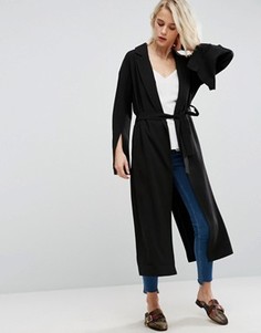 Длинное пальто с поясом и разрезами на рукавах ASOS - Черный