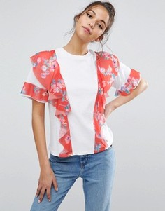 Футболка с оборками с цветочным принтом ASOS - Мульти