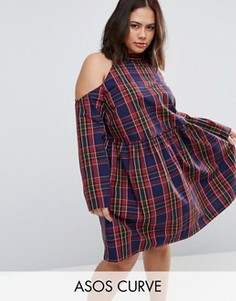 Платье в клетку с присборенной юбкой и открытыми плечами ASOS CURVE - Мульти