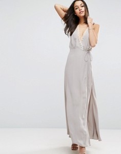 Платье макси на бретельках с запахом и кружевными вставками ASOS - Серый
