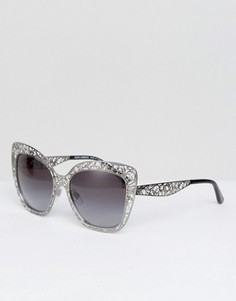 Серебристые солнцезащитные очки кошачий глаз с резной оправой Dolce &amp; Gabbana - Серебряный