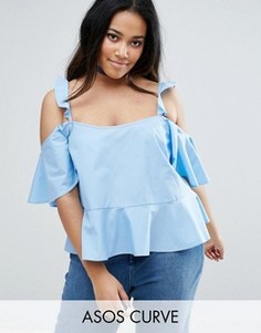 Хлопковый топ с вырезами и рюшами на плечах ASOS CURVE - Синий