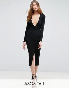 Платье миди с запахом и глубоким вырезом ASOS TALL - Черный