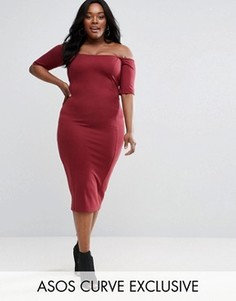 Облегающее платье из трикотажа понте со швами и открытыми плечами ASOS CURVE - Красный