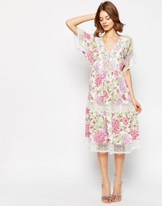Платье миди с цветочным принтом и вставкой кроше ASOS PREMIUM - Мульти